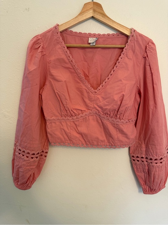 Tops - Women's Pink V-Neck Peasant Blouse ric rac milkmaid eyelet detail